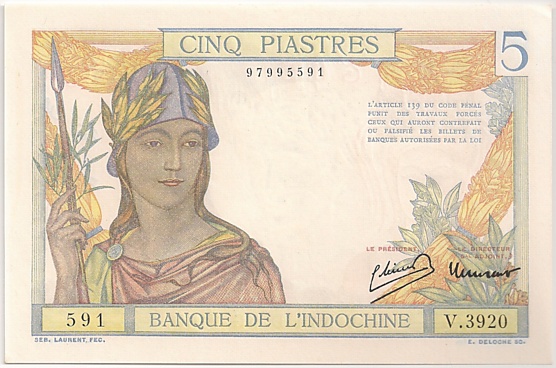 French Indochina banknote 5 Piastres 1946, face