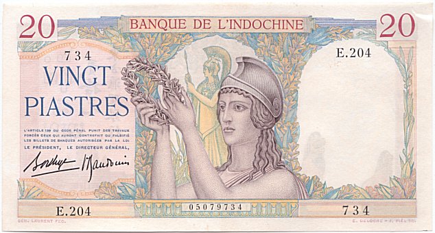 French Indochina banknote 20 Piastres 1936-1939, face