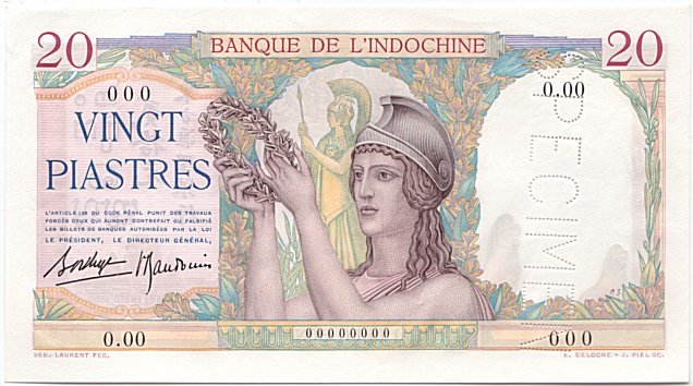 French Indochina banknote 20 Piastres 1936-1939 specimen, face