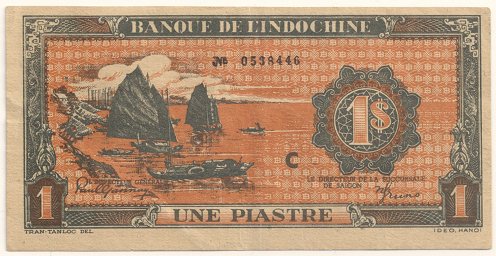 French Indochina banknote 1 Piastre 1942-1945 orange, face
