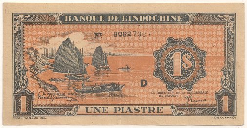 French Indochina banknote 1 Piastre 1942-1945 orange, face