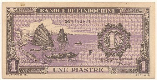 French Indochina banknote 1 Piastre 1942-1945 violet, face