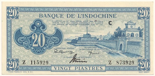 French Indochina banknote 20 Piastres 1942-1945 blue, face