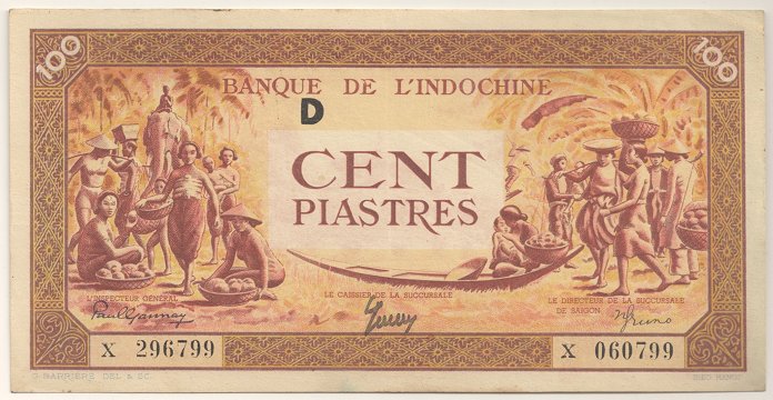 French Indochina banknote 100 Piastres 1942-1945 orange, face