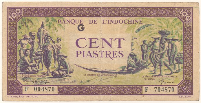 French Indochina banknote 100 Piastres 1942-1945 green-violet, face