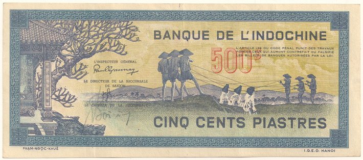 French Indochina banknote 500 Piastres 1942-1945 yellow, face