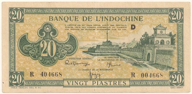 French Indochina banknote 20 Piastres 1942-1945 green, face