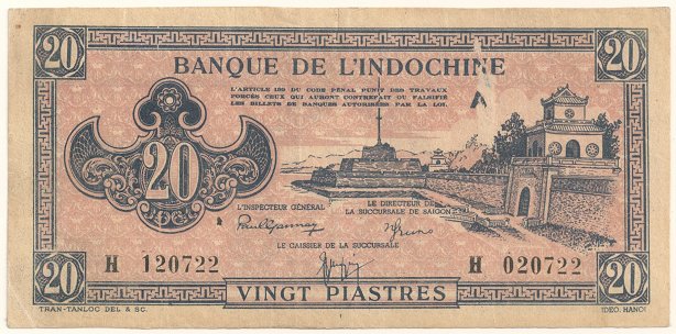 French Indochina banknote 20 Piastres 1942-1945 pink, face