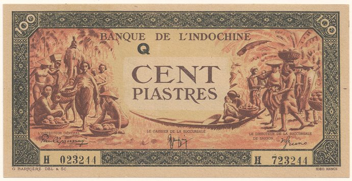 French Indochina banknote 100 Piastres 1942-1945, face