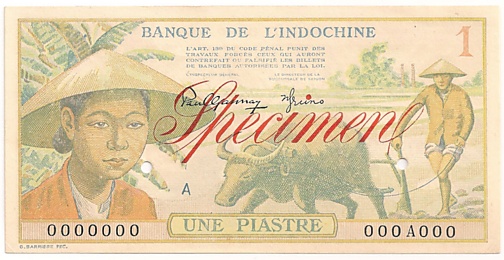 French Indochina banknote 1 Piastre 1949 specimen, face