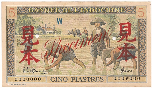 French Indochina banknote 5 Piastres 1951 specimen, face