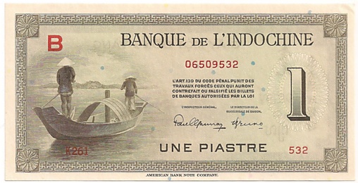 French Indochina banknote 1 Piastre 1951 B, face