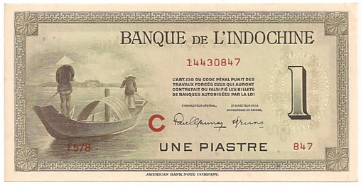 French Indochina banknote 1 Piastre 1951 C, face