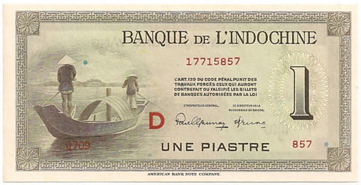 French Indochina banknote 1 Piastre 1951 D, face