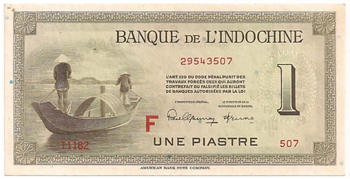 French Indochina banknote 1 Piastre 1951 F, face