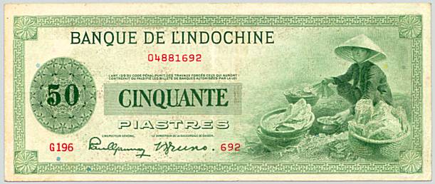 French Indochina banknote 50 Piastres 1945, face