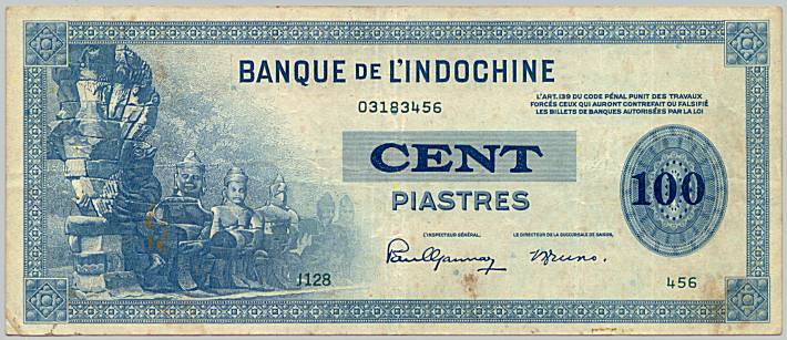 French Indochina banknote 100 Piastres 1945, face