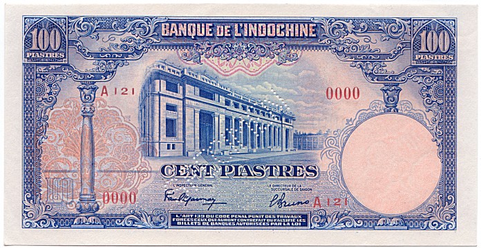 French Indochina banknote 100 Piastres 1946 specimen, face