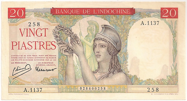 French Indochina banknote 20 Piastres 1949, face