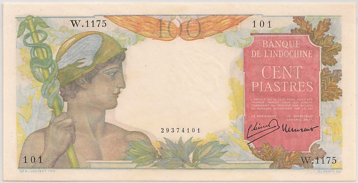 French Indochina banknote 100 Piastres 1947-1949, face