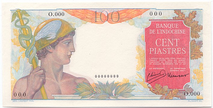 French Indochina banknote 100 Piastres 1947-1949 specimen, face