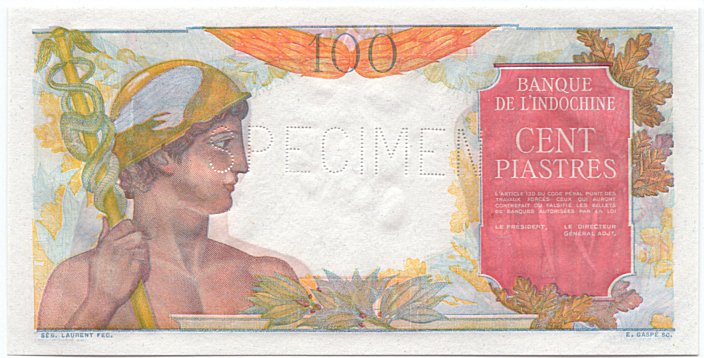 French Indochina banknote 100 Piastres 1949-1954 specimen, face