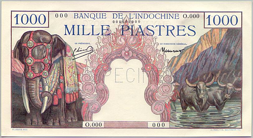 French Indochina banknote 1000 Piastres 1951 specimen, face