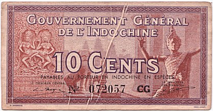 French Indochina banknote 10 Cents 1939 error, face