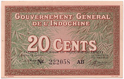 French Indochina banknote 20 Cents 1939, face
