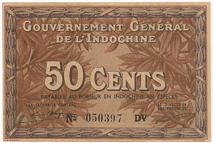 French Indochina banknote 50 Cents 1939 Coffee-Brown, face