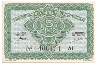 French Indochina banknote 5 Cents 1942, face