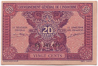French Indochina banknote 20 Cents 1942, face