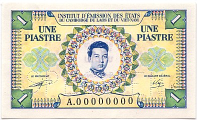 French Indochina banknote 1 Piastre 1952 Cambodia specimen, face