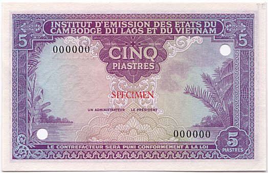 French Indochina banknote 5 Piastres 1953 Cambodia color proof, face