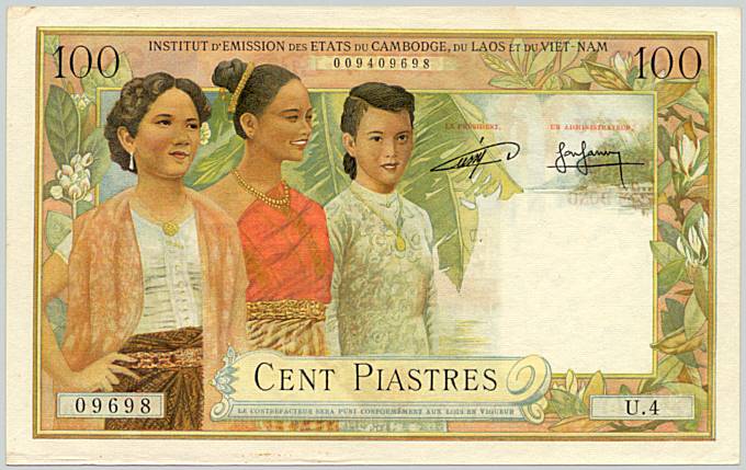 French Indochina banknote 100 Piastres 1954 Cambodia, face