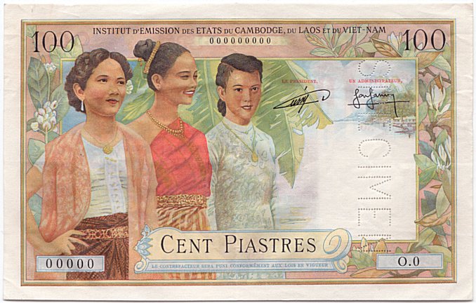 French Indochina banknote 100 Piastres 1954 Cambodia spacimen, face