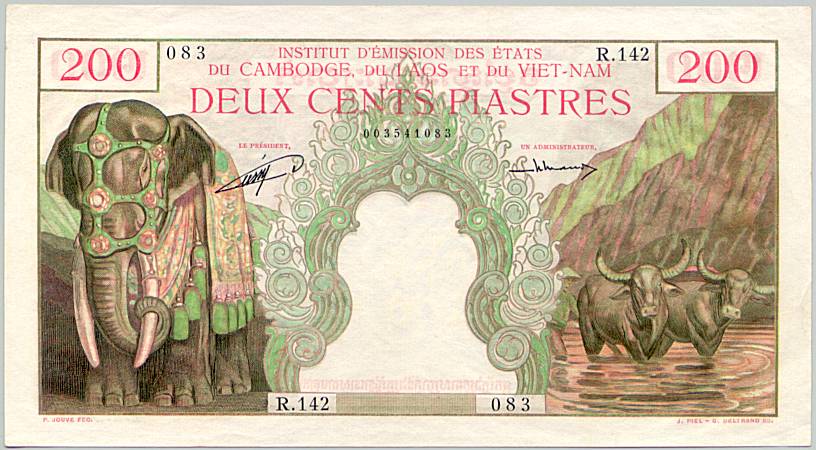 French Indochina banknote 200 Piastres 1954 Cambodia, face