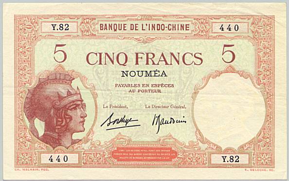 New Caledonia banknote 5 Francs 1926 Noumea, face