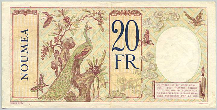New Caledonia banknote 20 Francs 1929 Noumea, back