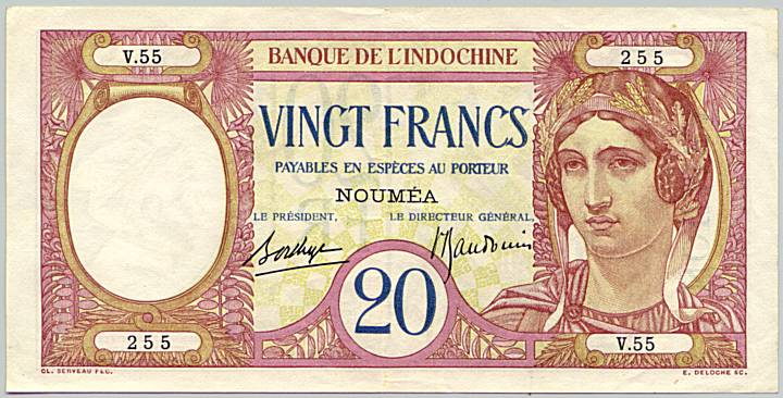 New Caledonia banknote 20 Francs 1929 Noumea, face