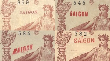 Four types of the SAIGON overstamp of French Indochina 1 Piastre 1903-1921 banknotes