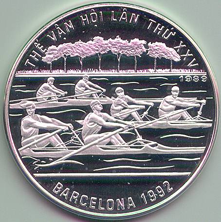 Vietnam 100 Dong 1989 coin, rowing, obverse