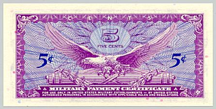 Vietnam War, Military Payment Certificate 5 cents, series 641, back