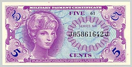 Vietnam War, Military Payment Certificate 5 cents, series 641, face