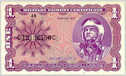 Vietnam War, Military Payment Certificate 1 dollar, series 681, face