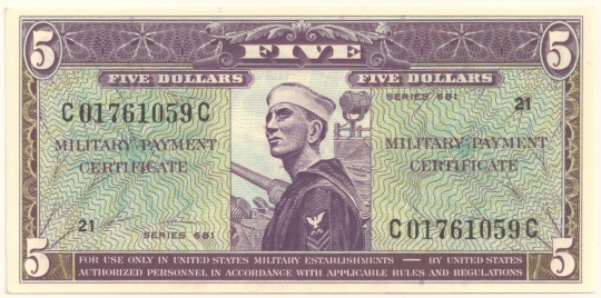 Vietnam War, Military Payment Certificate 5 dollars, series 681, face
