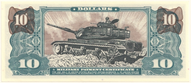 Vietnam War, Military Payment Certificate 10 dollars, series 681, back