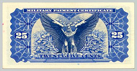 Vietnam War, Military Payment Certificate 25 cents, series 692, back