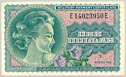 Vietnam War, Military Payment Certificate 1 dollar, series 692, face