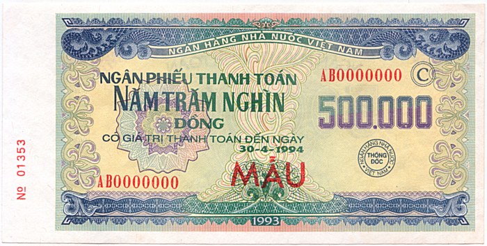 Vietnam banknote Ngan Phieu 500000 Dong 1993 (30-04-1994) specimen, face